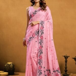 ps muga cotton jamdani floral weave border and pallu pink 2 image1