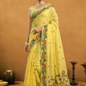 ps muga cotton jamdani floral weave border and pallu yellow 2 image1