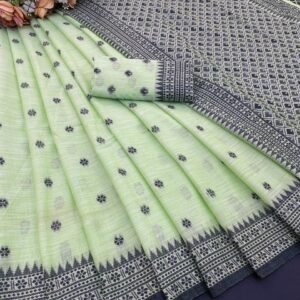 ps pure linen floral weave buttis saree pista green 2 image1